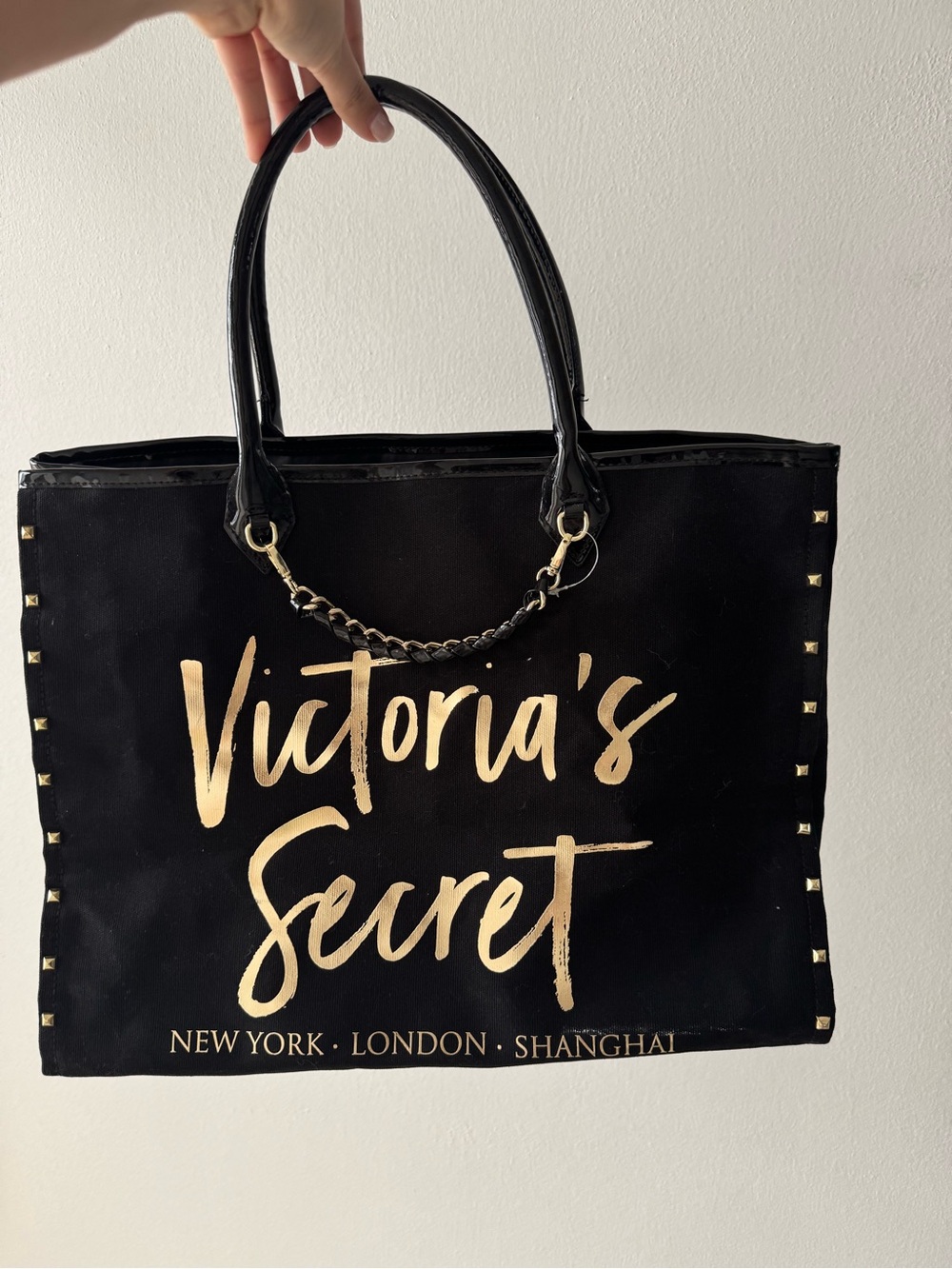 Victoria's Secret Black Tote with Gold Logo and Stud Details